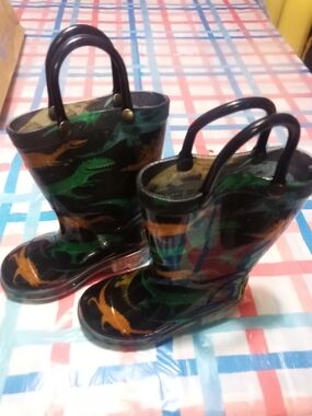 Western Chief Black Rain Boots with Green and Orange Dino Print